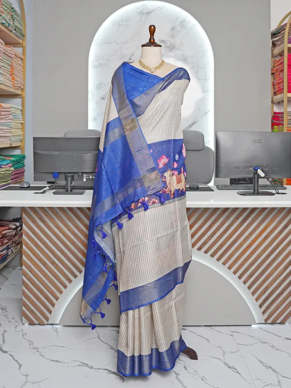 Soft_Tussar_Silk_sarees_with_Beautiful_Digital_Print_With_Attractive_Checks_Design_Saree_And_Digital_Print_Blouse_With_Tassels