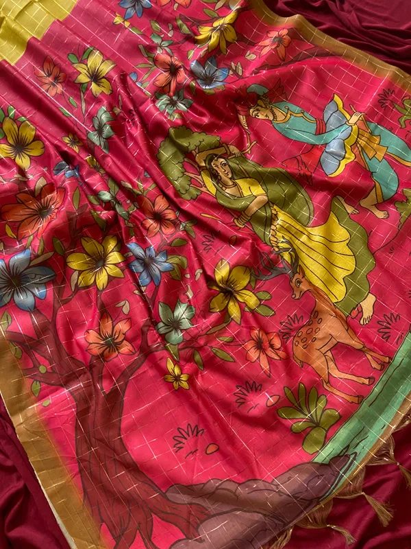 Baani_Yellow_–_Diwali_Special_|_Soft_Semi_Tussar_Silk_Saree_with_Digital_Print,_Border_&_Contrast_Print_Blouse_with_Tassels