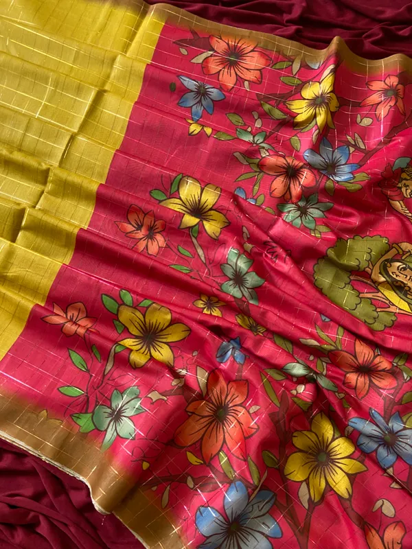 Baani_Yellow_–_Diwali_Special_|_Soft_Semi_Tussar_Silk_Saree_with_Digital_Print,_Border_&_Contrast_Print_Blouse_with_Tassels