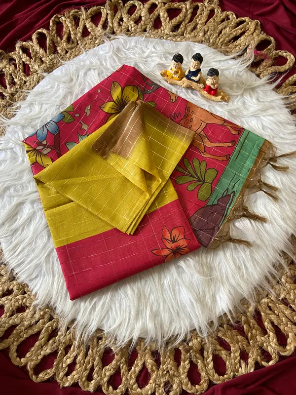 Baani_Yellow_–_Diwali_Special_|_Soft_Semi_Tussar_Silk_Saree_with_Digital_Print,_Border_&_Contrast_Print_Blouse_with_Tassels