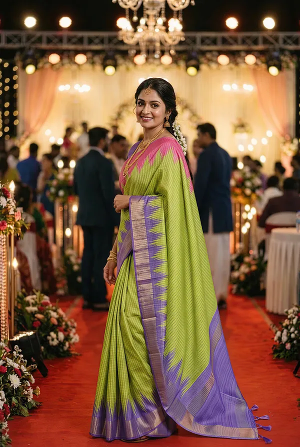Gaurika_Parrot_Green_–_Divine_Navratri_Special_|_Soft_Tussar_Silk_Saree_with_Digital_Print,_Checks_Design_Saree_&_Digital_Print_Blouse_with_Tassels