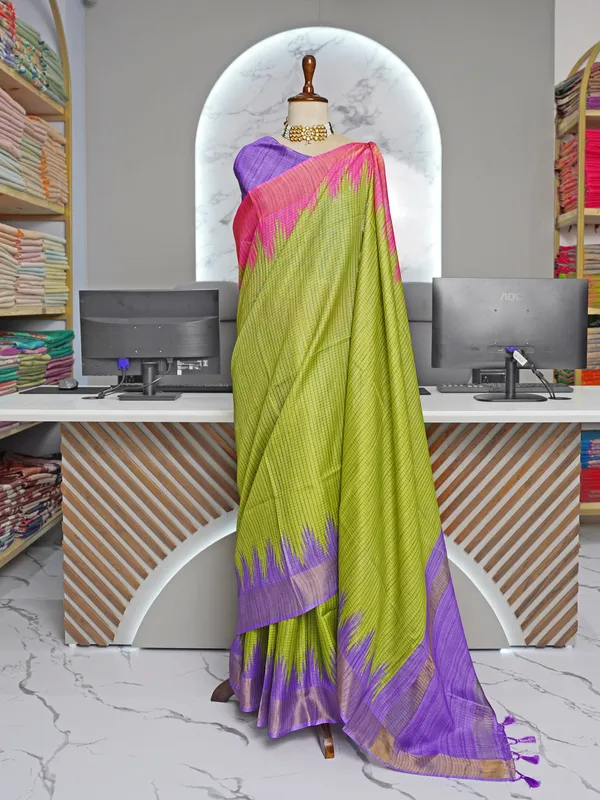 Gaurika_Parrot_Green_–_Divine_Navratri_Special_|_Soft_Tussar_Silk_Saree_with_Digital_Print,_Checks_Design_Saree_&_Digital_Print_Blouse_with_Tassels