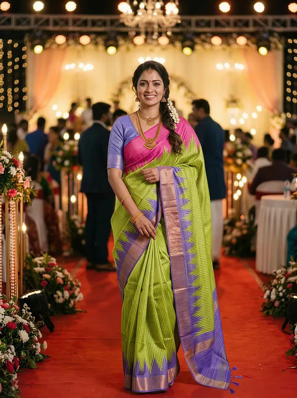 Gaurika_Parrot_Green_–_Divine_Navratri_Special_|_Soft_Tussar_Silk_Saree_with_Digital_Print,_Checks_Design_Saree_&_Digital_Print_Blouse_with_Tassels