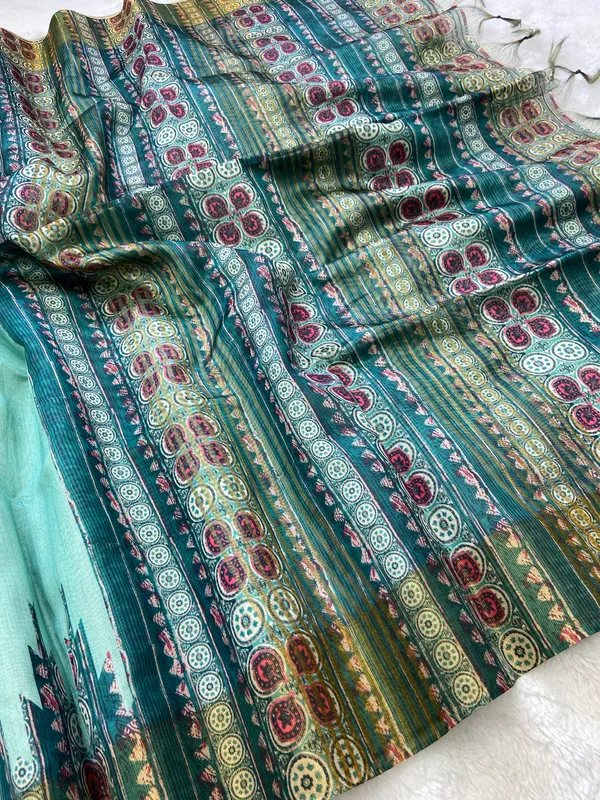 Sahara_Rama_Green_–_Navratri_Special_|_Soft_Tussar_Silk_Saree_with_Print,_Border_&_Contrast_Print_Blouse_with_Tassels
