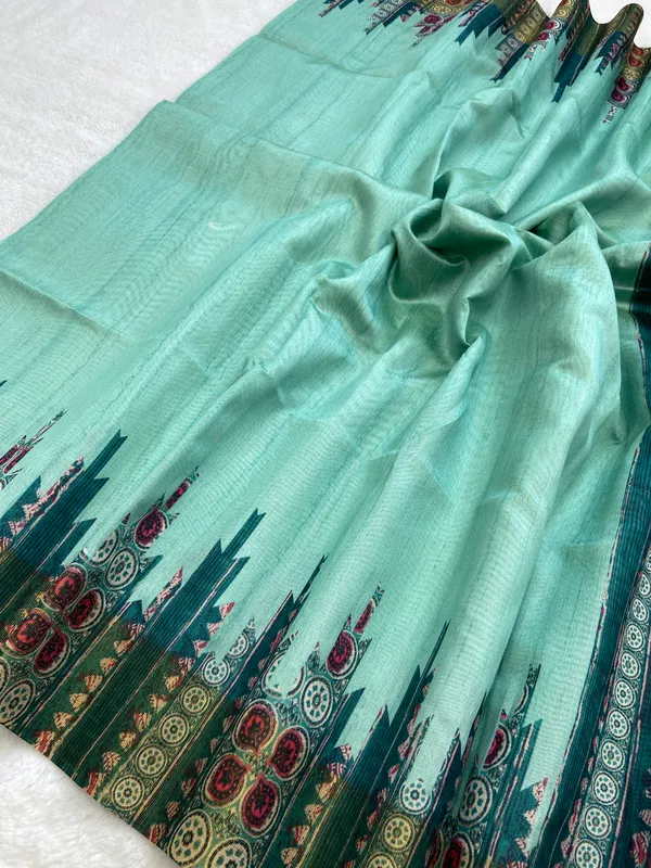 Sahara_Rama_Green_–_Navratri_Special_|_Soft_Tussar_Silk_Saree_with_Print,_Border_&_Contrast_Print_Blouse_with_Tassels