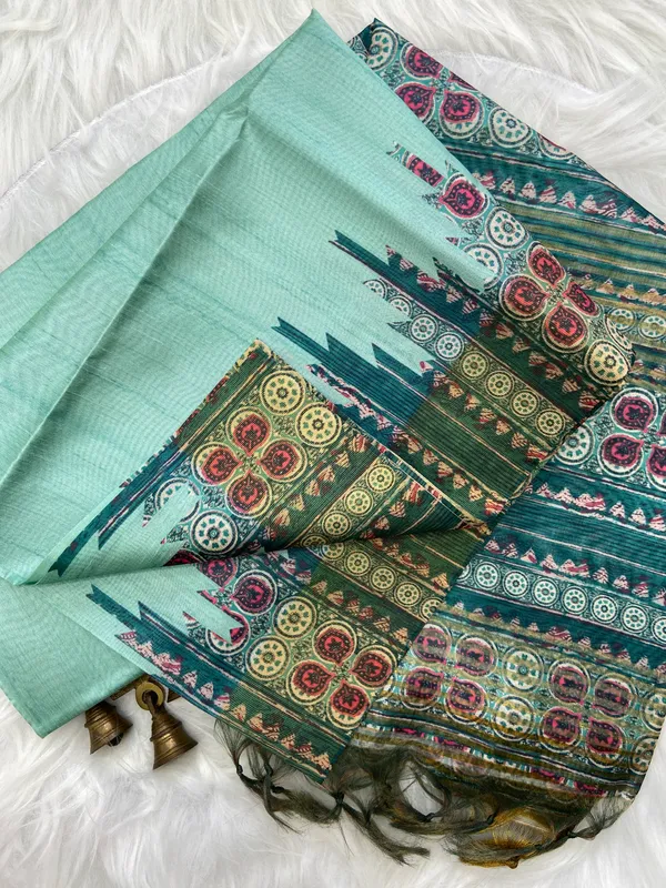 Sahara_Rama_Green_–_Navratri_Special_|_Soft_Tussar_Silk_Saree_with_Print,_Border_&_Contrast_Print_Blouse_with_Tassels