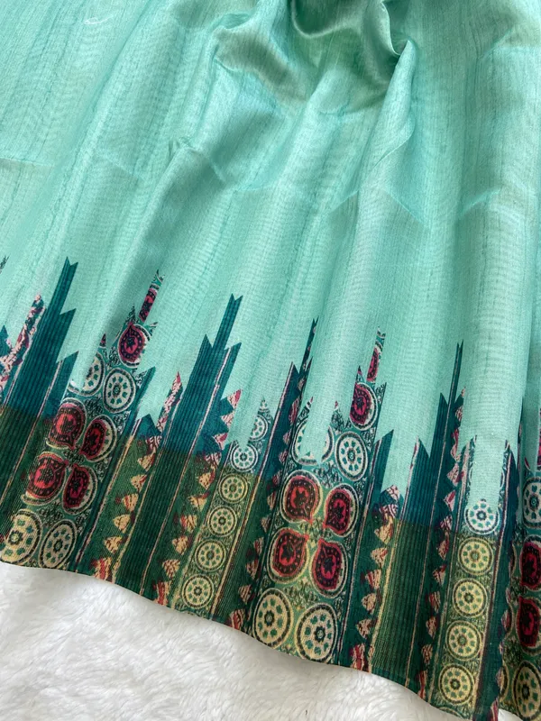 Sahara_Rama_Green_–_Navratri_Special_|_Soft_Tussar_Silk_Saree_with_Print,_Border_&_Contrast_Print_Blouse_with_Tassels