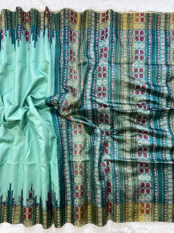 Sahara_Rama_Green_–_Navratri_Special_|_Soft_Tussar_Silk_Saree_with_Print,_Border_&_Contrast_Print_Blouse_with_Tassels