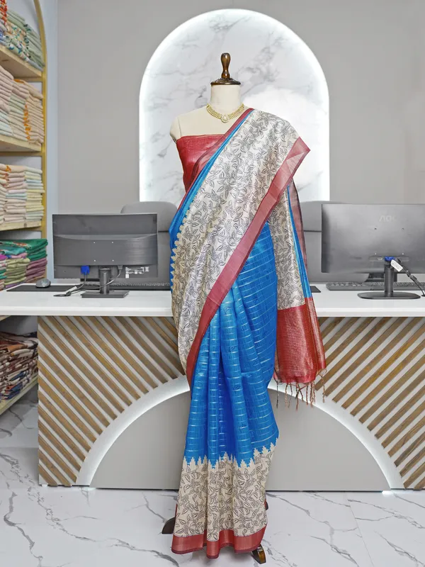 Soft_Semi_Tussar_Silk_sarees_with_Beautiful_Digital_Print_With_Attractive_Border_And_Contrast_Print_Blouse_With_Tassels