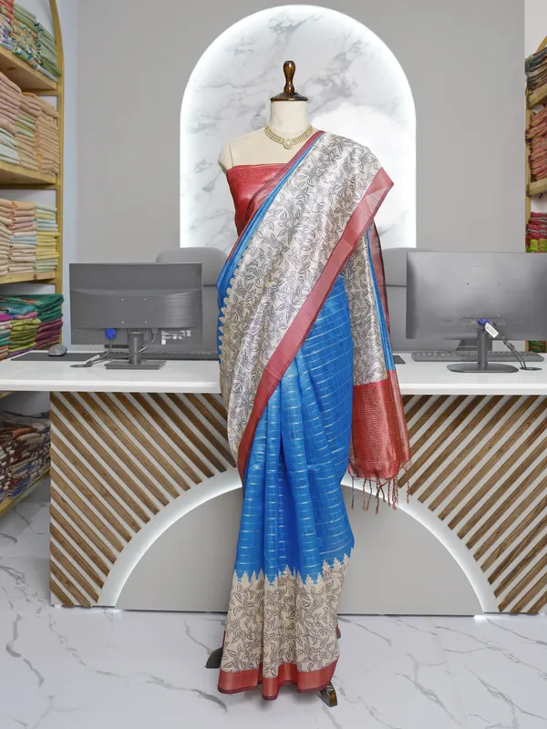 Soft_Semi_Tussar_Silk_sarees_with_Beautiful_Digital_Print_With_Attractive_Border_And_Contrast_Print_Blouse_With_Tassels