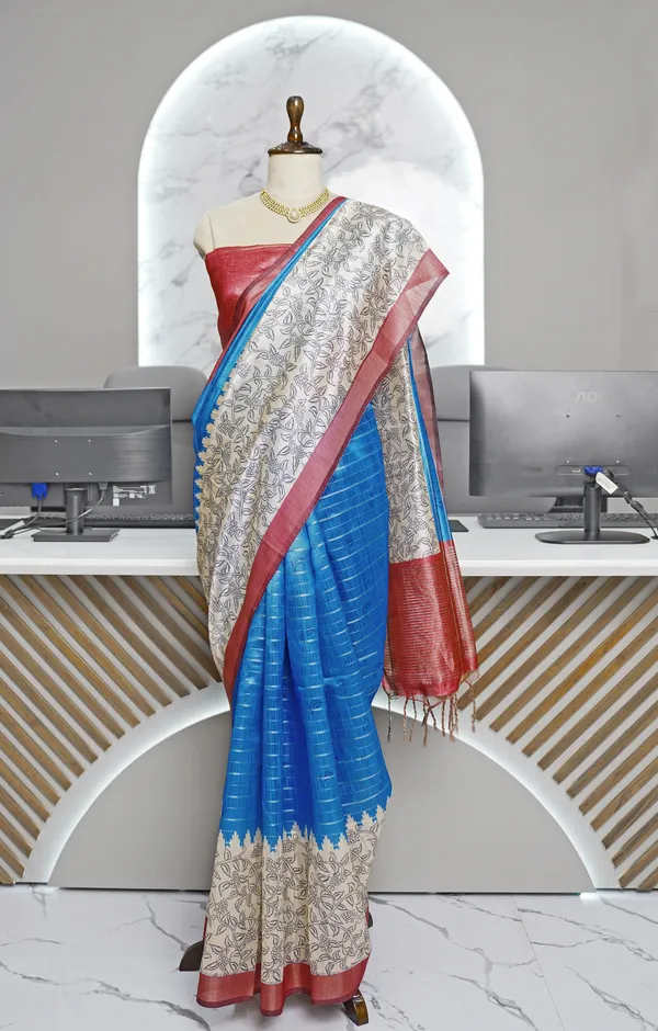 Soft_Semi_Tussar_Silk_sarees_with_Beautiful_Digital_Print_With_Attractive_Border_And_Contrast_Print_Blouse_With_Tassels