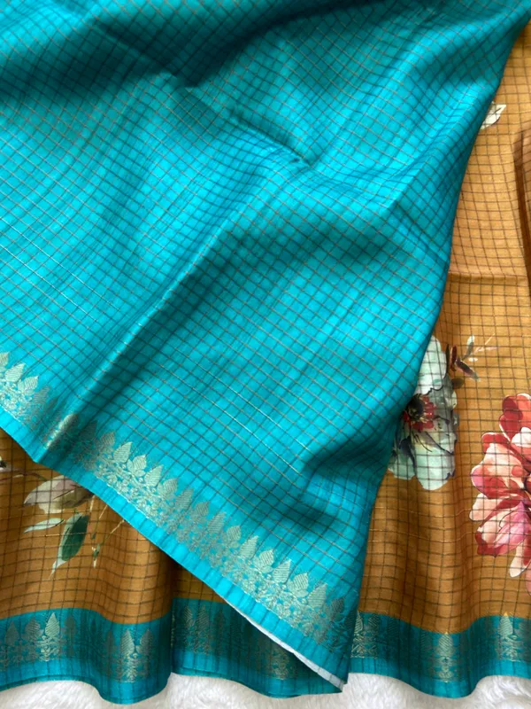 Soft_Tussar_Silk_sarees_with_Beautiful_Digital_Print_With_Attractive_Checks_Design_Saree_And_Digital_Print_Blouse_With_Tassels