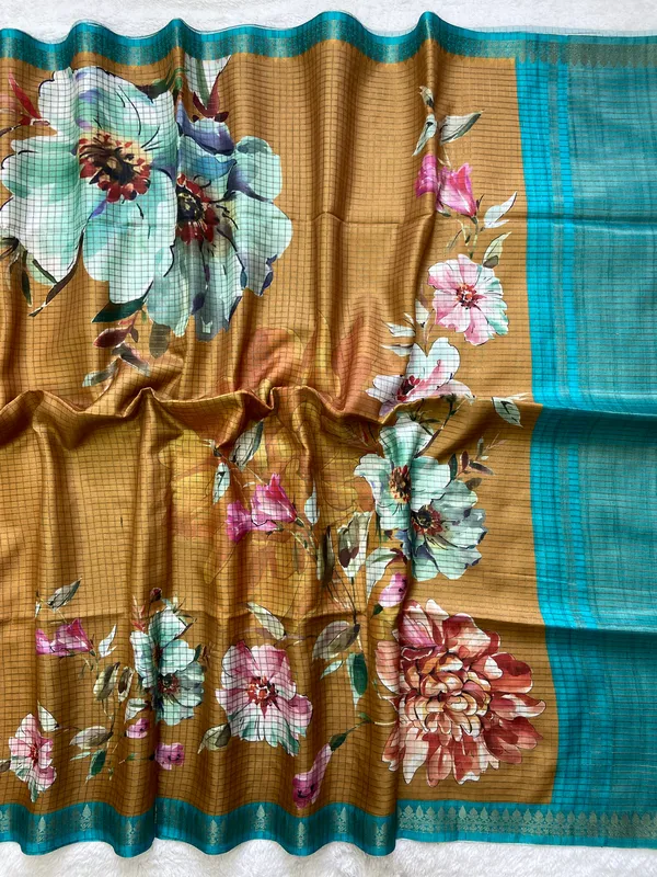 Soft_Tussar_Silk_sarees_with_Beautiful_Digital_Print_With_Attractive_Checks_Design_Saree_And_Digital_Print_Blouse_With_Tassels