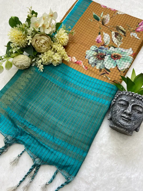 Soft_Tussar_Silk_sarees_with_Beautiful_Digital_Print_With_Attractive_Checks_Design_Saree_And_Digital_Print_Blouse_With_Tassels