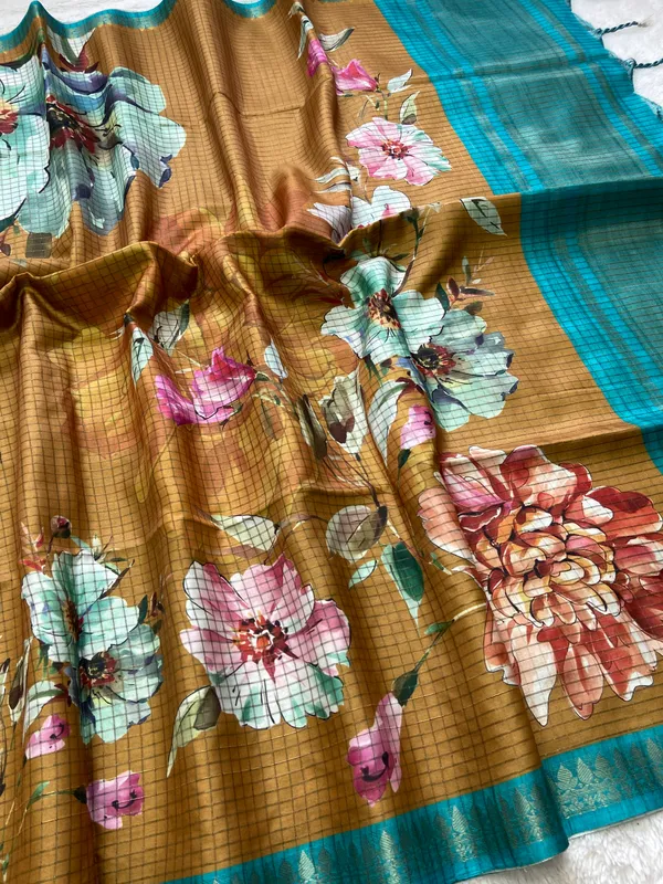 Soft_Tussar_Silk_sarees_with_Beautiful_Digital_Print_With_Attractive_Checks_Design_Saree_And_Digital_Print_Blouse_With_Tassels