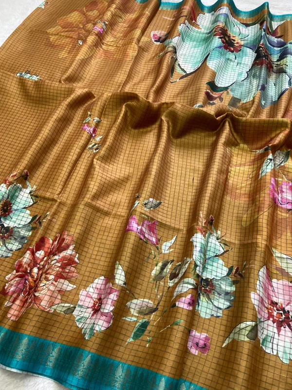 Soft_Tussar_Silk_sarees_with_Beautiful_Digital_Print_With_Attractive_Checks_Design_Saree_And_Digital_Print_Blouse_With_Tassels