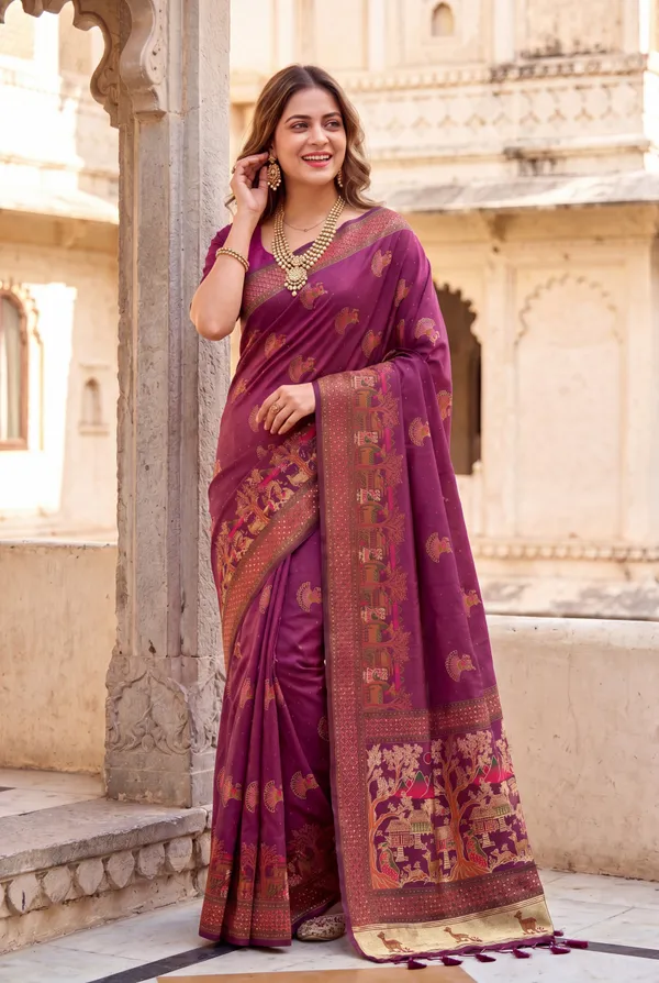 Melody_Purple_–_Melodic_Navratri_Special_|_Soft_Pashmina_Silk_Saree_with_Woven_Zari_Work,_Pashmina_Design_Saree_&_Running_Blouse_with_Tassels