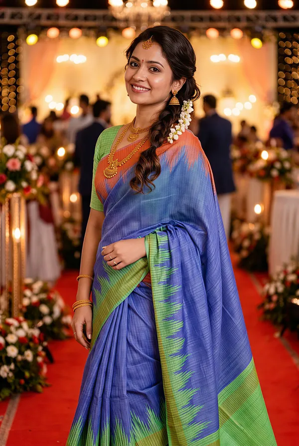 Gaurika_Blue_–_Divine_Navratri_Special_|_Soft_Tussar_Silk_Saree_with_Digital_Print,_Checks_Design_Saree_&_Digital_Print_Blouse_with_Tassels
