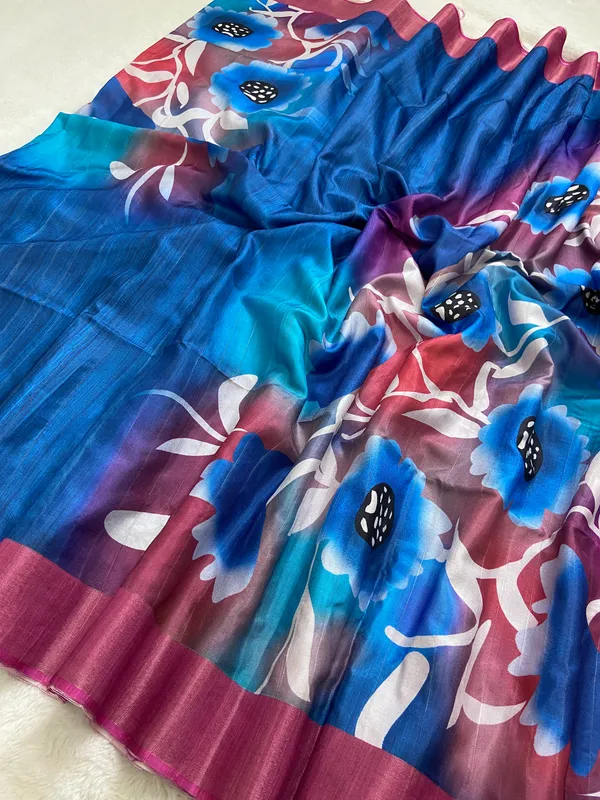 Vaishnavi_Pink_–_Navratri_Special_|_Soft_Tussar_Silk_Saree_with_Print,_Border_&_Contrast_Print_Blouse_with_Tassels