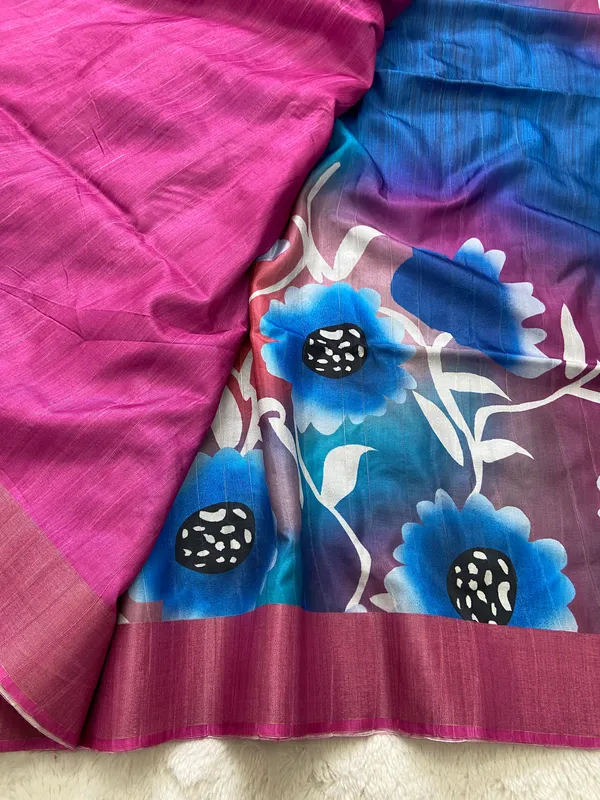 Vaishnavi_Pink_–_Navratri_Special_|_Soft_Tussar_Silk_Saree_with_Print,_Border_&_Contrast_Print_Blouse_with_Tassels