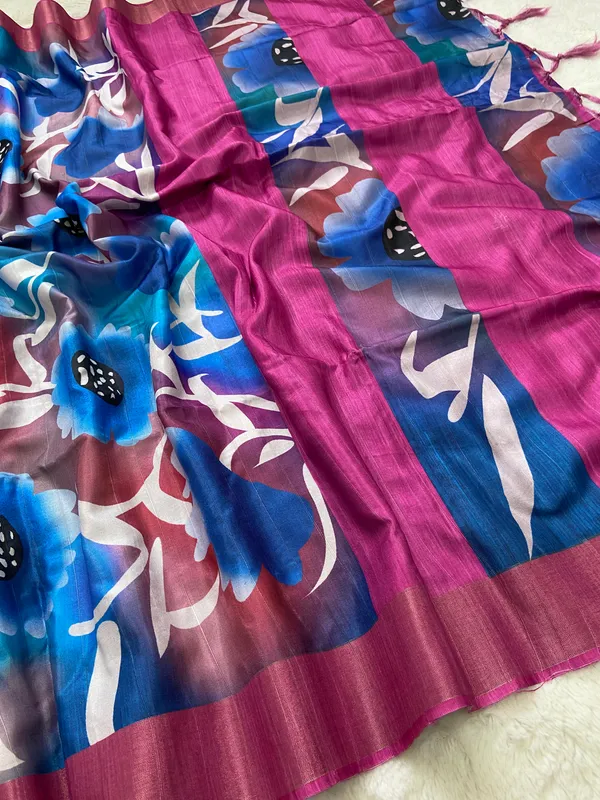 Vaishnavi_Pink_–_Navratri_Special_|_Soft_Tussar_Silk_Saree_with_Print,_Border_&_Contrast_Print_Blouse_with_Tassels