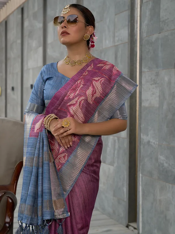 Soft_Tussar_Silk_sarees_with_Beautiful_Digital_Print_With_Attractive_Checks_Design_Saree_And_Digital_Print_Blouse_With_Tassels