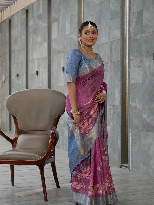Soft_Tussar_Silk_sarees_with_Beautiful_Digital_Print_With_Attractive_Checks_Design_Saree_And_Digital_Print_Blouse_With_Tassels