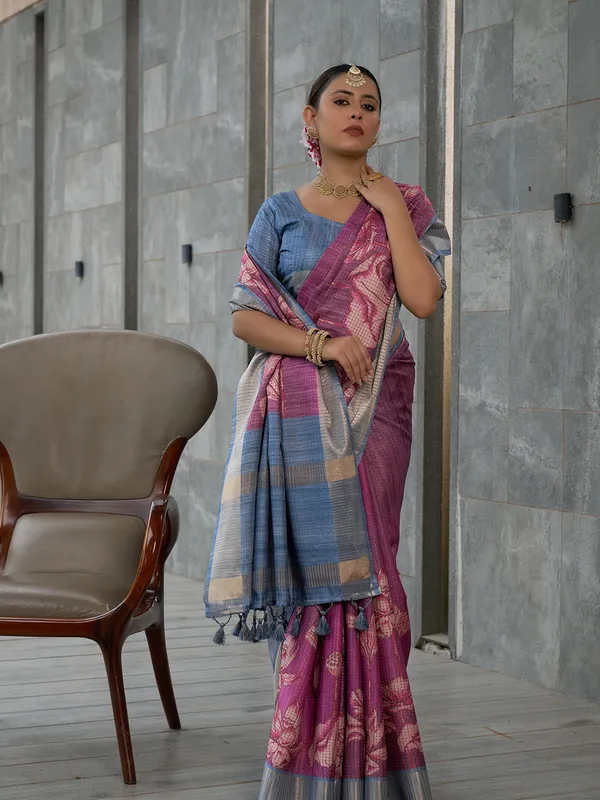 Soft_Tussar_Silk_sarees_with_Beautiful_Digital_Print_With_Attractive_Checks_Design_Saree_And_Digital_Print_Blouse_With_Tassels