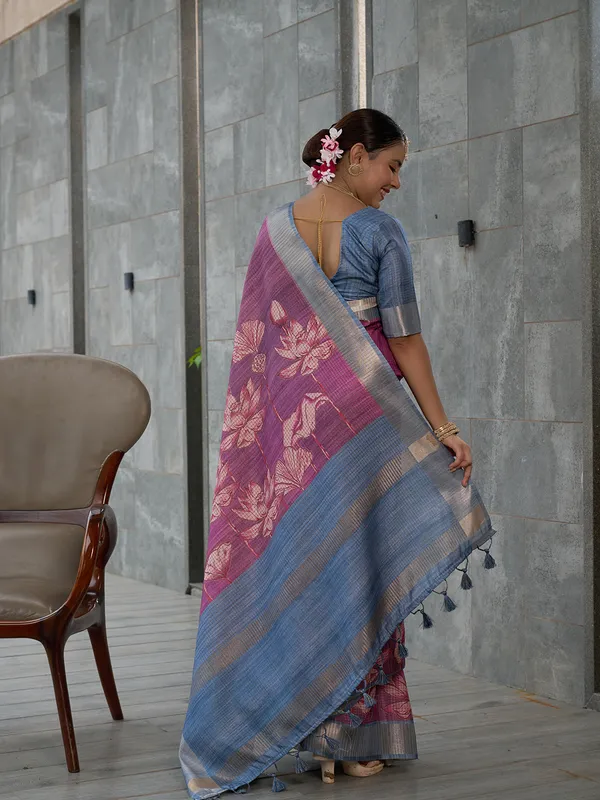 Soft_Tussar_Silk_sarees_with_Beautiful_Digital_Print_With_Attractive_Checks_Design_Saree_And_Digital_Print_Blouse_With_Tassels