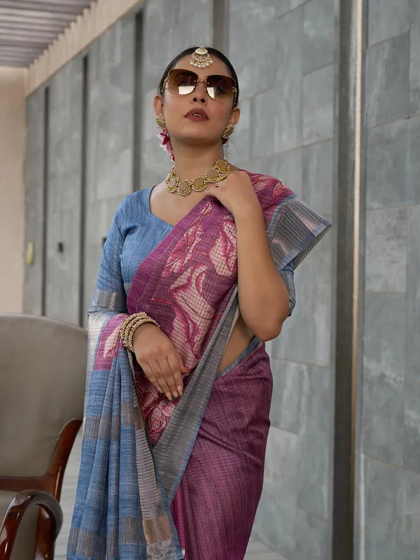 Soft_Tussar_Silk_sarees_with_Beautiful_Digital_Print_With_Attractive_Checks_Design_Saree_And_Digital_Print_Blouse_With_Tassels