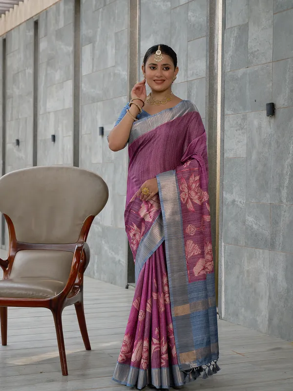 Soft_Tussar_Silk_sarees_with_Beautiful_Digital_Print_With_Attractive_Checks_Design_Saree_And_Digital_Print_Blouse_With_Tassels