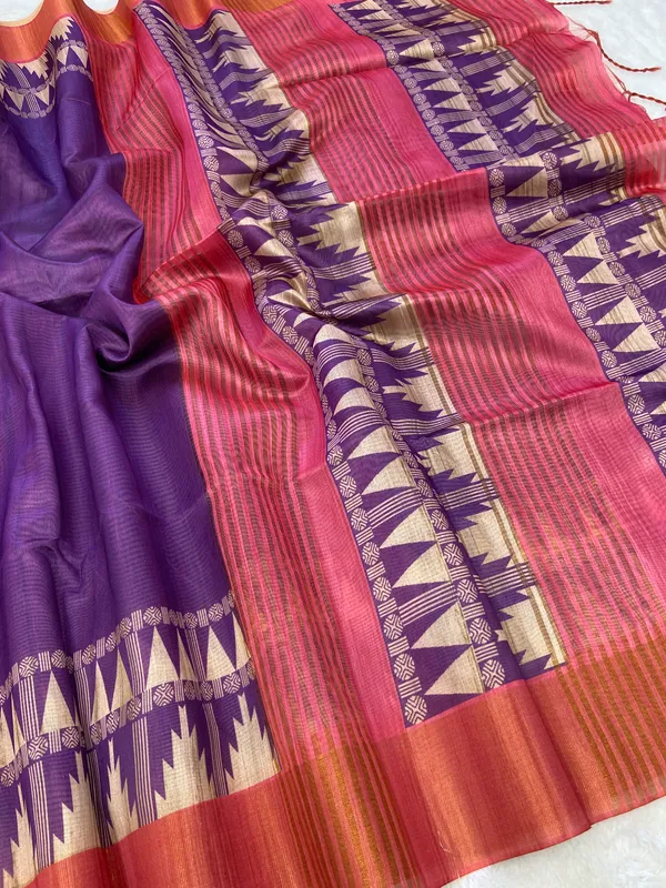 Niharika_Purple_–_Dew_Fresh_Navratri_Special_|_Soft_Tussar_Silk_Saree_with_Print,_Border_&_Contrast_Print_Blouse_with_Tassels