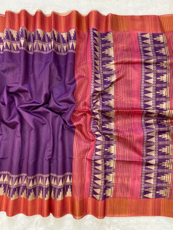 Niharika_Purple_–_Dew_Fresh_Navratri_Special_|_Soft_Tussar_Silk_Saree_with_Print,_Border_&_Contrast_Print_Blouse_with_Tassels
