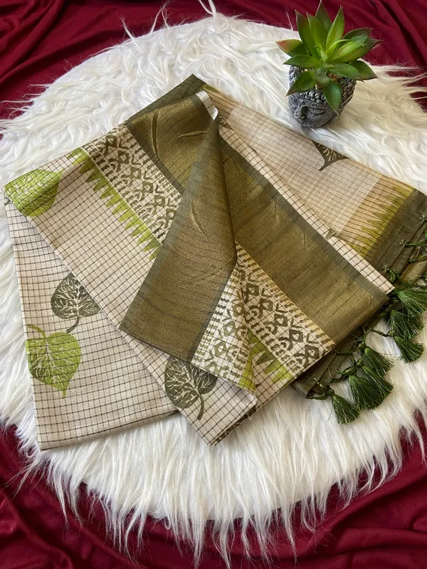 Soft_Tussar_Silk_sarees_with_Beautiful_Digital_Print_With_Attractive_Checks_Design_Saree_And_Digital_Print_Blouse_With_Tassels
