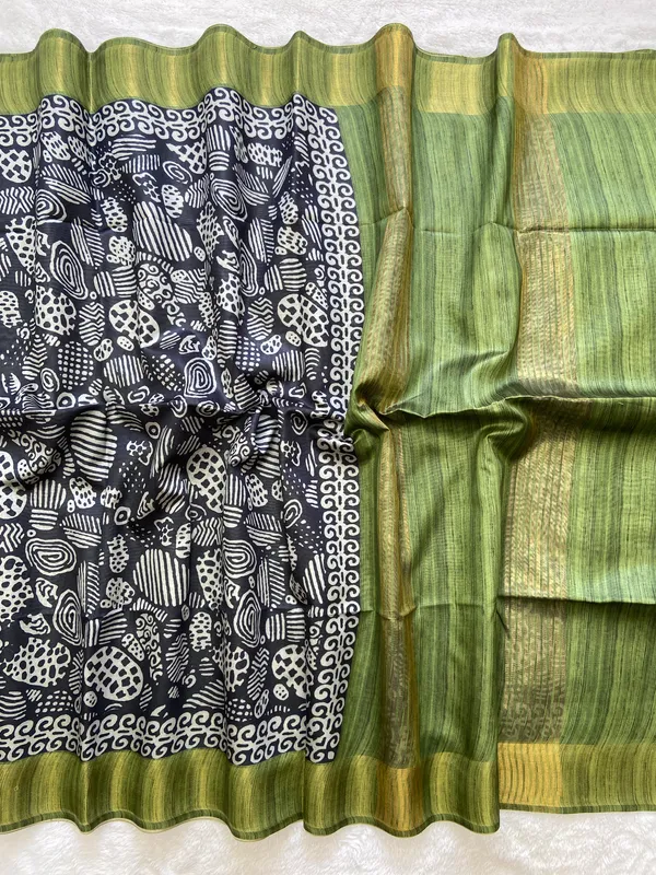 Soft_Tussar_Silk_sarees_with_Beautiful_Print_With_Attractive_Border_And_Contrast_Print_Blouse_With_Tassels