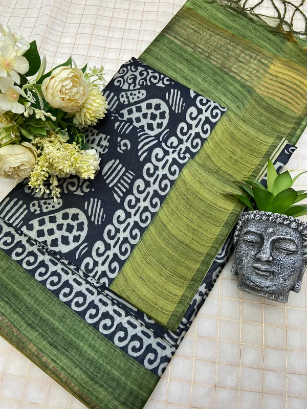 Soft_Tussar_Silk_sarees_with_Beautiful_Print_With_Attractive_Border_And_Contrast_Print_Blouse_With_Tassels