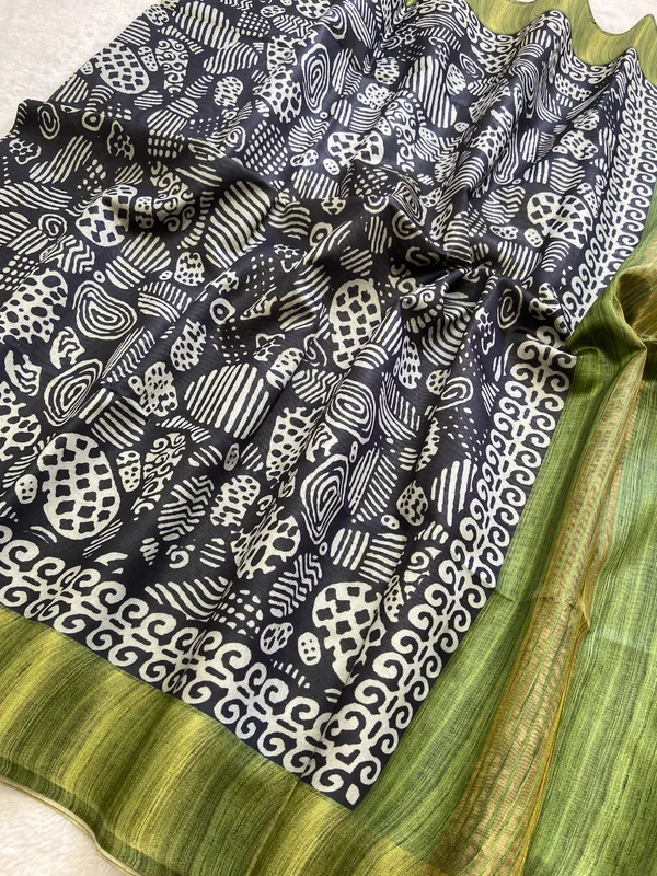 Soft_Tussar_Silk_sarees_with_Beautiful_Print_With_Attractive_Border_And_Contrast_Print_Blouse_With_Tassels