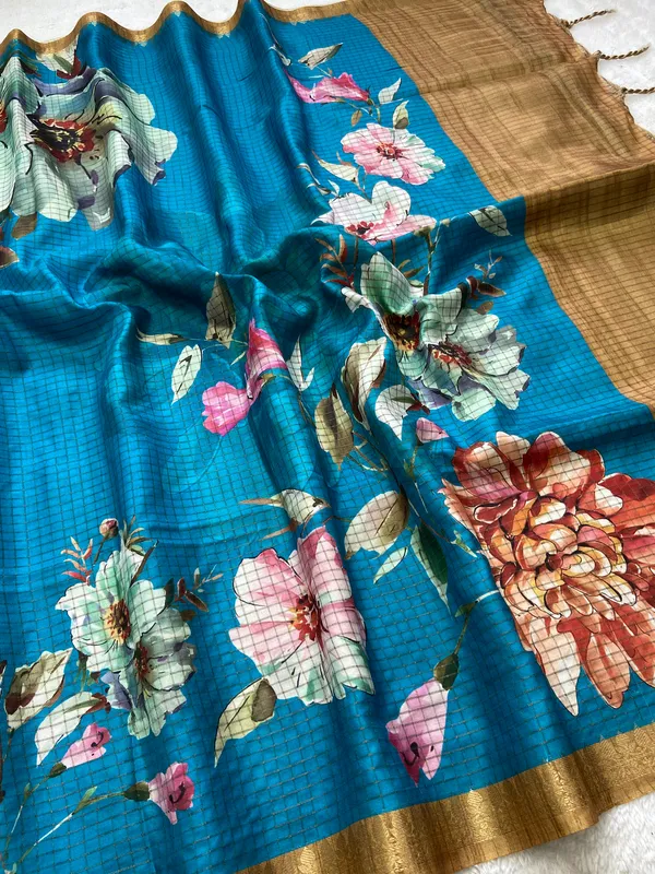 Soft_Tussar_Silk_sarees_with_Beautiful_Digital_Print_With_Attractive_Checks_Design_Saree_And_Digital_Print_Blouse_With_Tassels