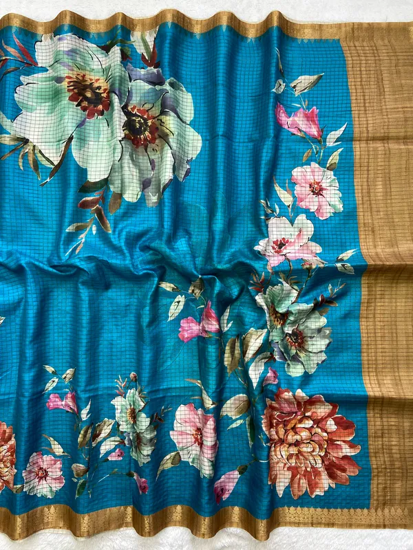 Soft_Tussar_Silk_sarees_with_Beautiful_Digital_Print_With_Attractive_Checks_Design_Saree_And_Digital_Print_Blouse_With_Tassels