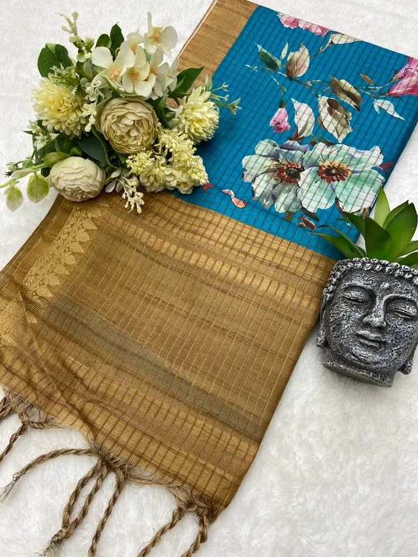 Soft_Tussar_Silk_sarees_with_Beautiful_Digital_Print_With_Attractive_Checks_Design_Saree_And_Digital_Print_Blouse_With_Tassels