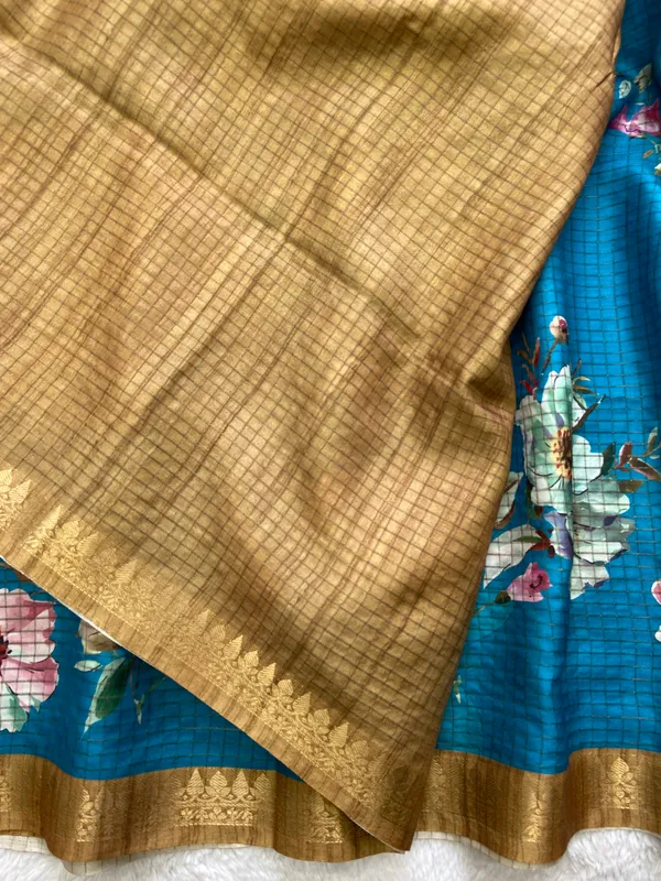 Soft_Tussar_Silk_sarees_with_Beautiful_Digital_Print_With_Attractive_Checks_Design_Saree_And_Digital_Print_Blouse_With_Tassels