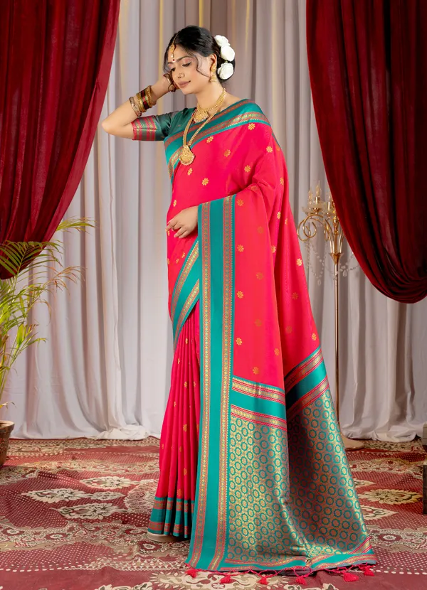 Narayana_Pattu_Narayanpet_Silk_sarees_with_Beautiful_Booti_in_Contrast_Rama-Pink_Shades_With_Attractive_Weaving_Gold_Zari_Design_And_Contrast_Blouse_With_Tassels