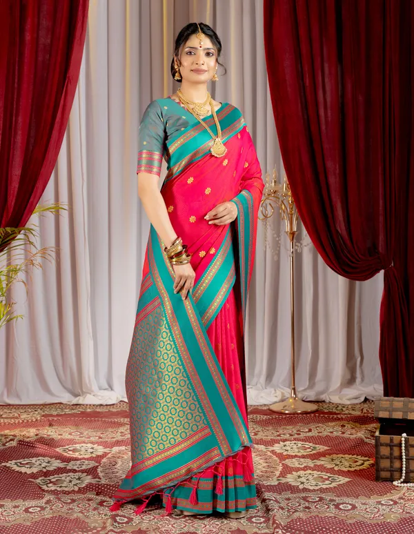 Narayana_Pattu_Narayanpet_Silk_sarees_with_Beautiful_Booti_in_Contrast_Rama-Pink_Shades_With_Attractive_Weaving_Gold_Zari_Design_And_Contrast_Blouse_With_Tassels