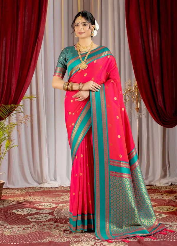 Narayana_Pattu_Narayanpet_Silk_sarees_with_Beautiful_Booti_in_Contrast_Rama-Pink_Shades_With_Attractive_Weaving_Gold_Zari_Design_And_Contrast_Blouse_With_Tassels