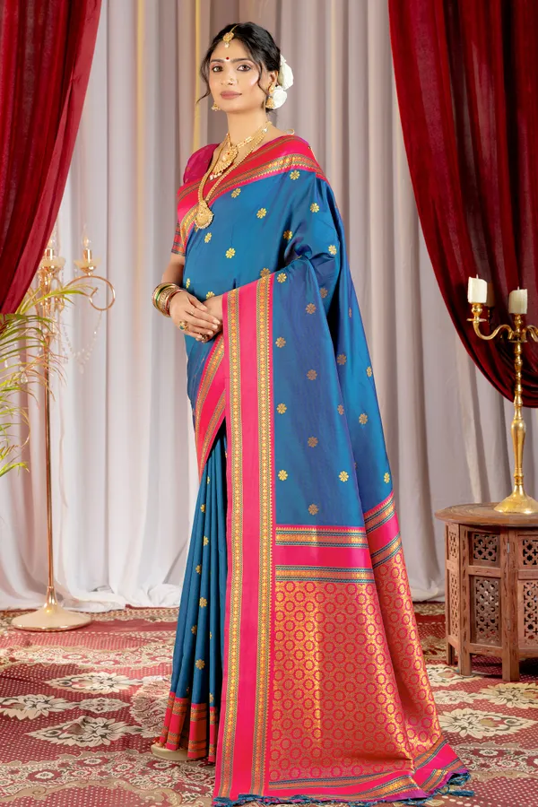 Narayana_Pattu_Narayanpet_Silk_sarees_with_Beautiful_Booti_in_Contrast_Pink-Blue_Shades_With_Attractive_Weaving_Gold_Zari_Design_And_Contrast_Blouse_With_Tassels