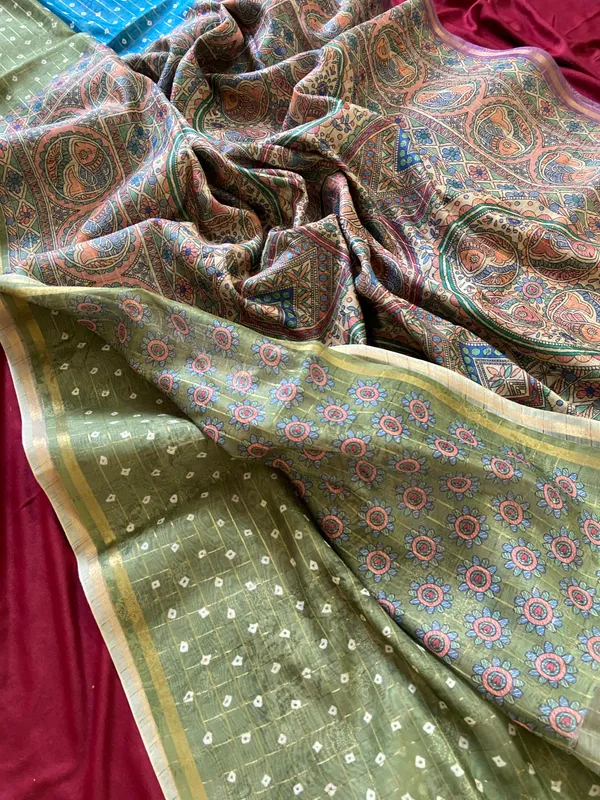 Soft_Semi_Tussar_Silk_sarees_with_Beautiful_Digital_Print_With_Attractive_Border_And_Contrast_Print_Blouse_With_Tassels