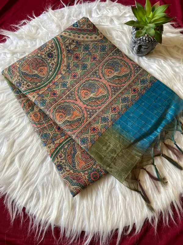 Soft_Semi_Tussar_Silk_sarees_with_Beautiful_Digital_Print_With_Attractive_Border_And_Contrast_Print_Blouse_With_Tassels