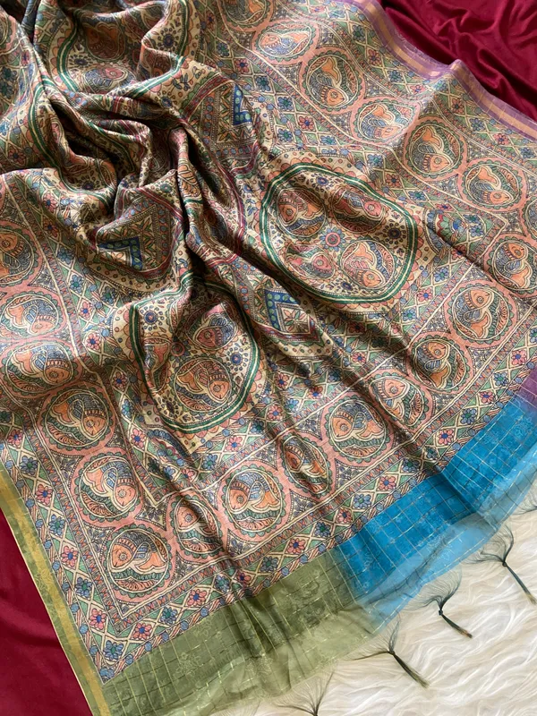 Soft_Semi_Tussar_Silk_sarees_with_Beautiful_Digital_Print_With_Attractive_Border_And_Contrast_Print_Blouse_With_Tassels