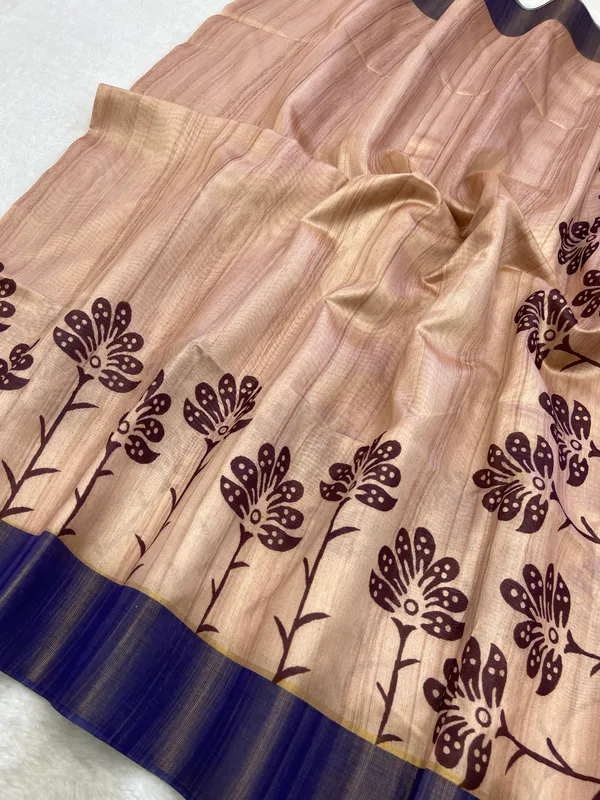 Ziana_Blue_–_Navratri_Special_|_Soft_Tussar_Silk_Saree_with_Print,_Border_&_Contrast_Print_Blouse_with_Tassels