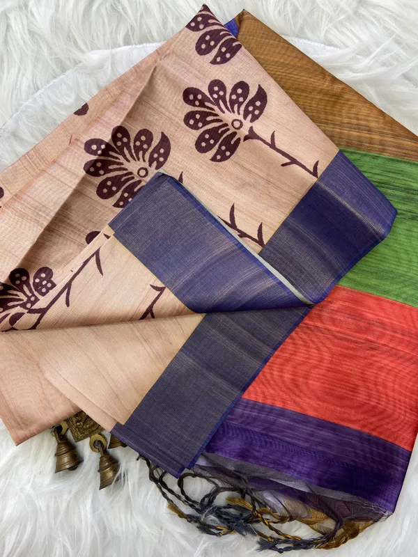 Ziana_Blue_–_Navratri_Special_|_Soft_Tussar_Silk_Saree_with_Print,_Border_&_Contrast_Print_Blouse_with_Tassels